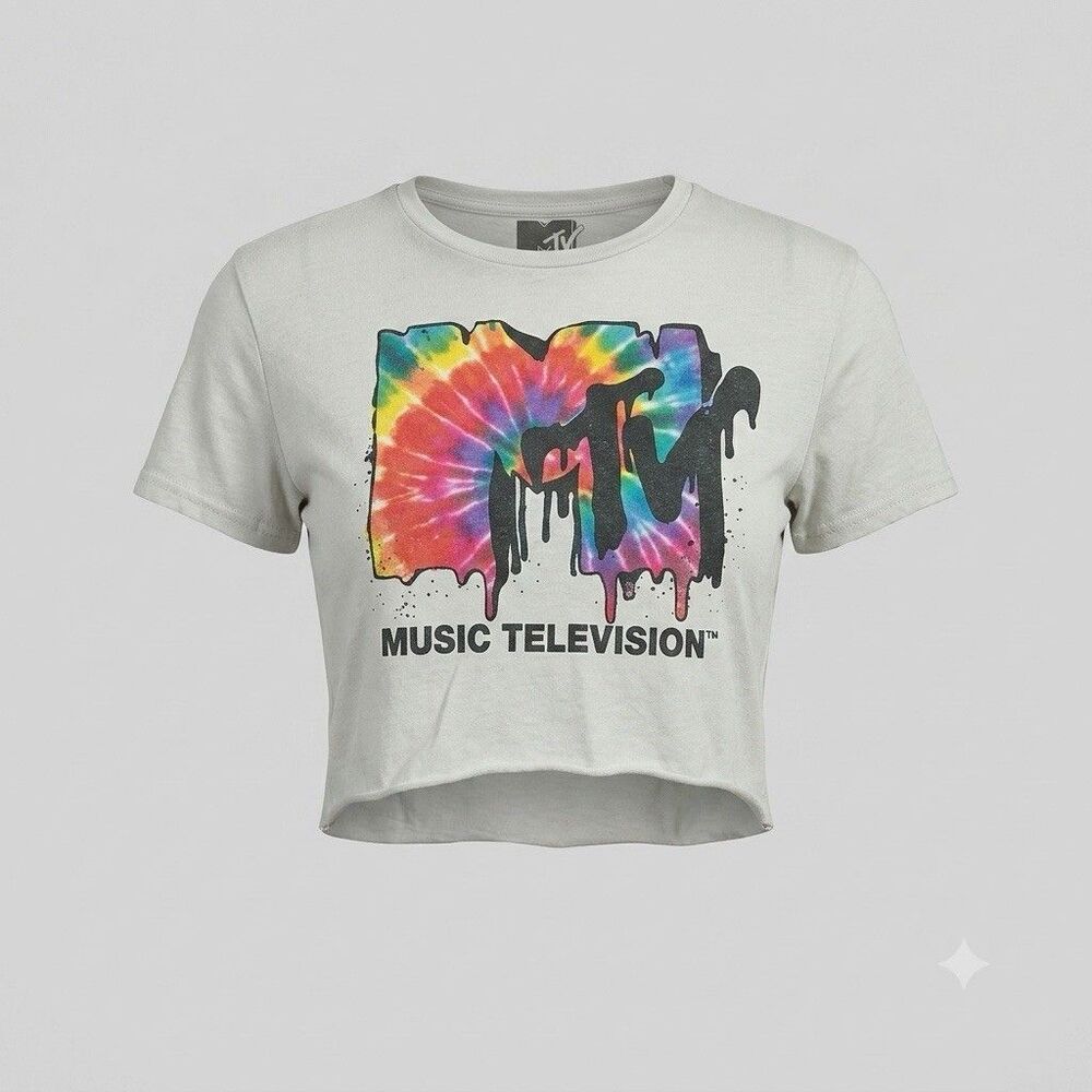MTV Music Television Tie-Dye Logo Crop Top Raw Hem White Women's Size Large